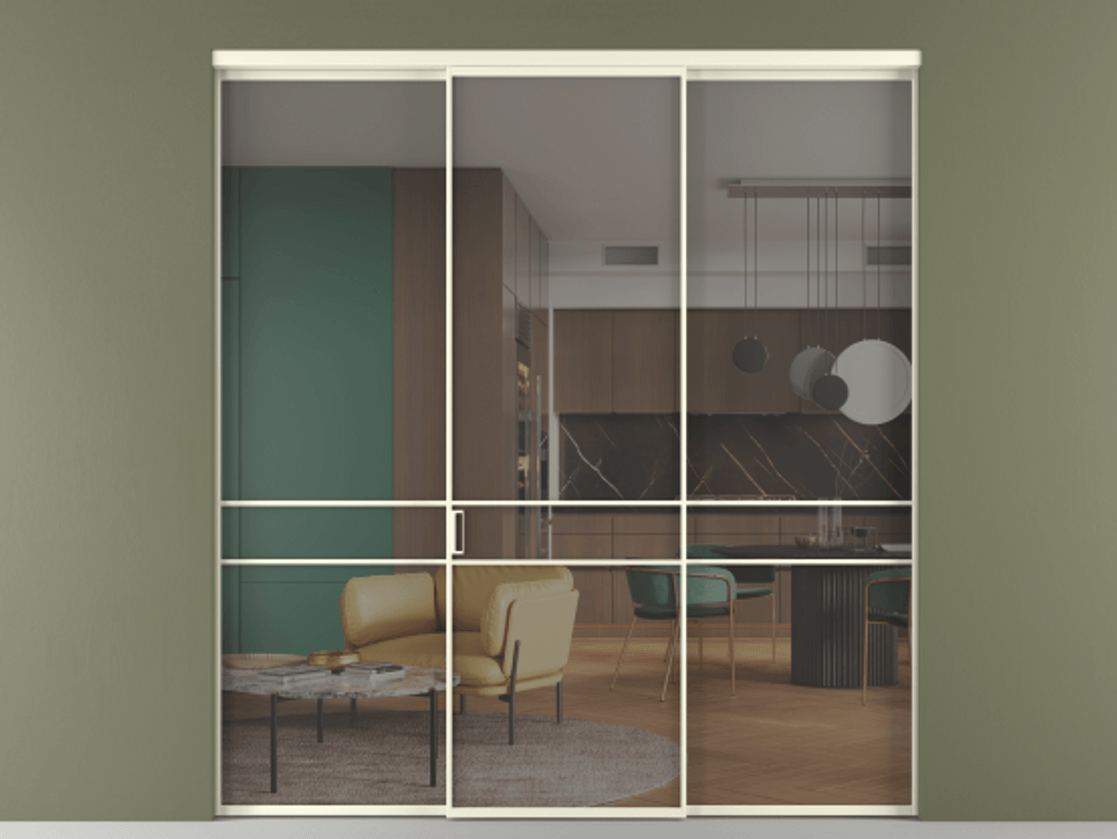 Перегородка Formato внутри проёма 3 створки АЛПР 040.02 Алюминий молочно-белый Прозрачное серое стекло, триплекс Цена 237275 ₽ | Volhovec