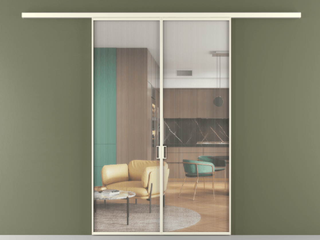 Перегородка Формато вдоль стены 2 створки АЛПР 040.01 Алюминий молочно-белый Рифлёное стекло "Мору", триплекс Цена 199350 ₽ | Volhovec