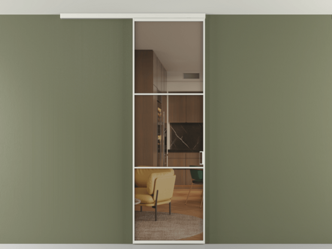 Перегородка Формато вдоль стены на потолок 1 створка АЛПР 040.03 Алюминий серый Прозрачное бронзовое стекло, триплекс Цена 100988 ₽ | Volhovec