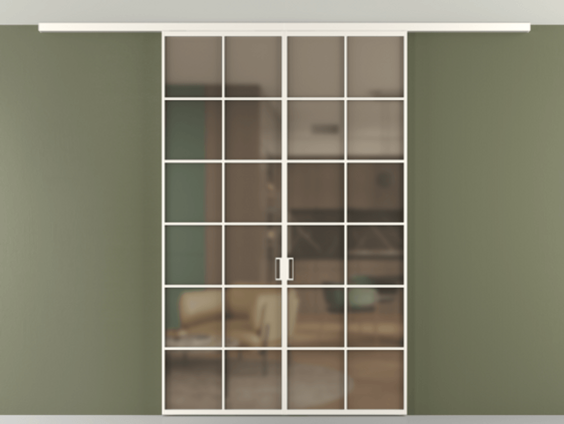 Перегородка Формато вдоль стены на потолок 2 створки АЛПР 040.05 Алюминий пудровый белый Сатинированное бронзовое стекло, триплекс Цена 245080 ₽ | Volhovec