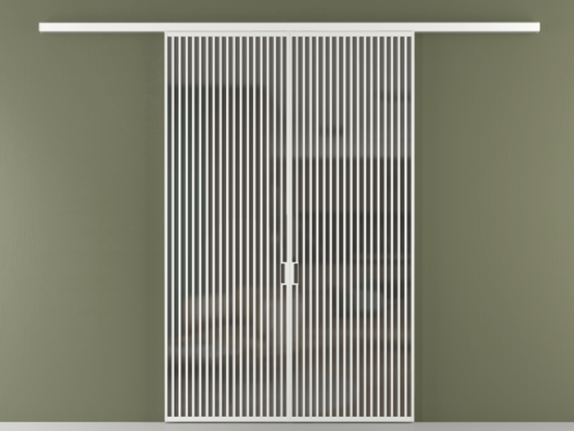 Перегородка Формато вдоль стены 2 створки АЛПР 040.06 Алюминий белоснежный Сатинированное серое стекло, триплекс Цена 342450 ₽ | Volhovec