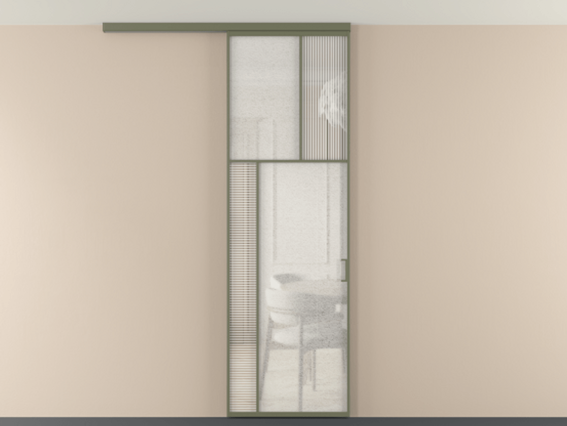 Перегородка Мозаик вдоль стены на потолок 1 створка АЛПР 041.22 Алюминий оливковый тёмный Рифлёное стекло "Дюна", триплекс, 6 мм + Фактурное стекло "Лёд", триплекс Цена 143040 ₽ | Volhovec