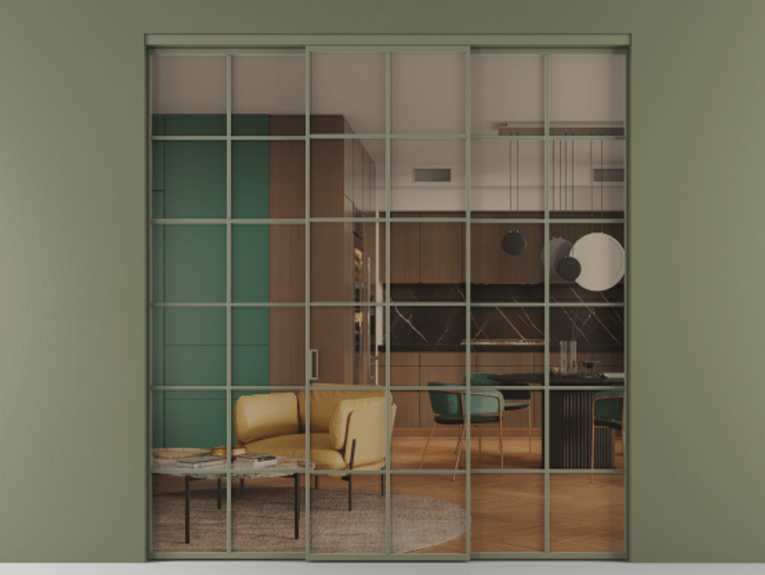 Перегородка Формато внутри проёма 3 створки АЛПР 040.05 Алюминий оливковый тёмный Прозрачное бронзовое стекло, триплекс Цена 254825 ₽ | Volhovec