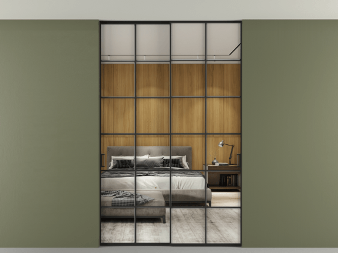 Перегородка Формато внутри проёма скрытое крепление в потолок 2 створки АЛПР 040.05 Алюминий Черный Двустороннее зеркало, триплекс , триплекс 6 мм Цена 254485 ₽ | Volhovec