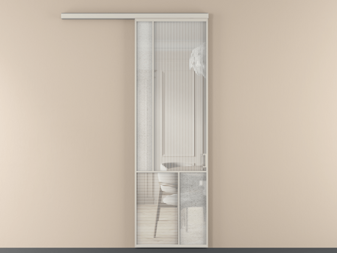 Перегородка Mosaic вдоль стены 1 створка АЛПР 041.20 Алюминий облачно-серый Рифлёное стекло "Дюна", триплекс, 6 мм + Фактурное стекло "Лёд", триплекс Цена 145030 ₽ | Volhovec