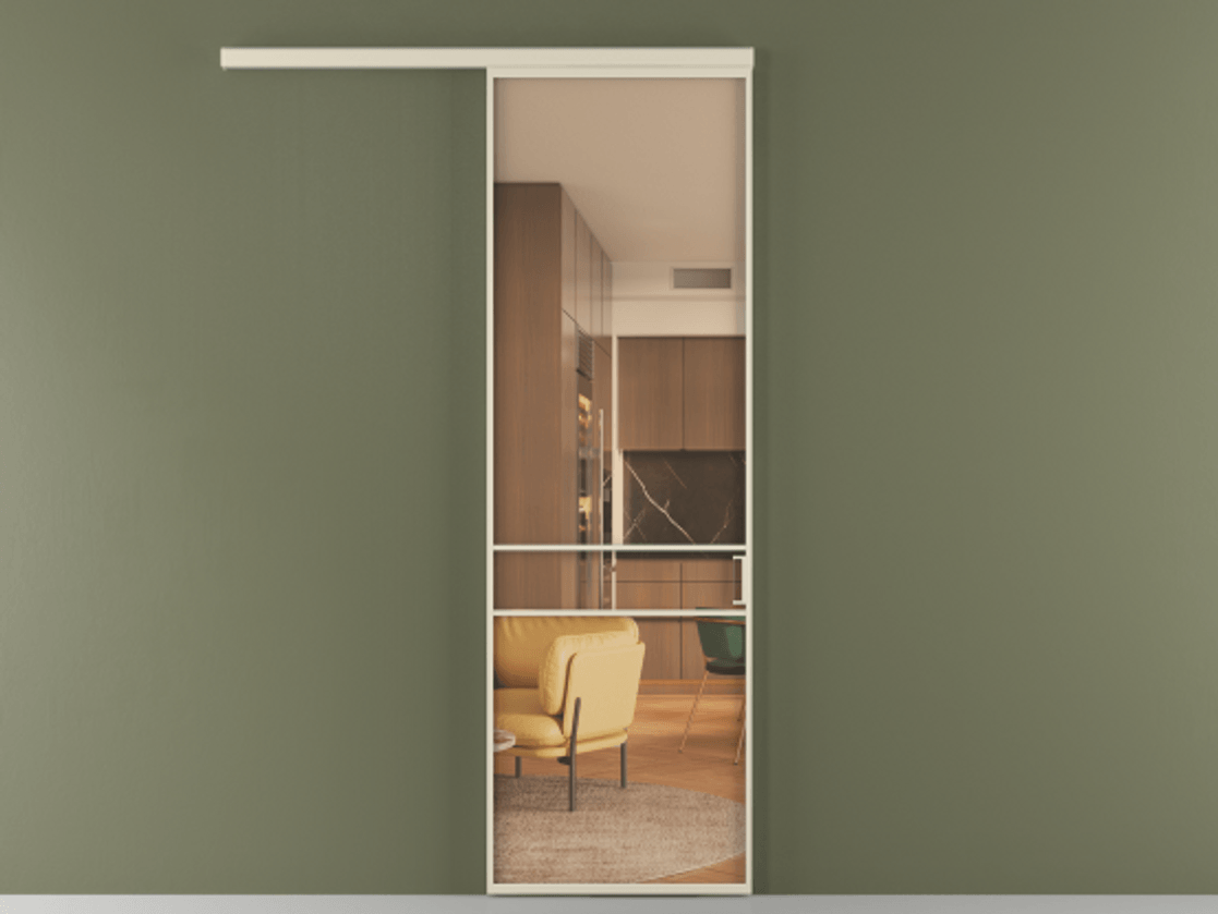 Межкомнатная дверь New Перегородка Formato вдоль стены одностворчатая АЛПР 040.02 Алюминий бежево-серый Прозрачное оранжевое стекло, триплекс Цена 114100  | Volhovec