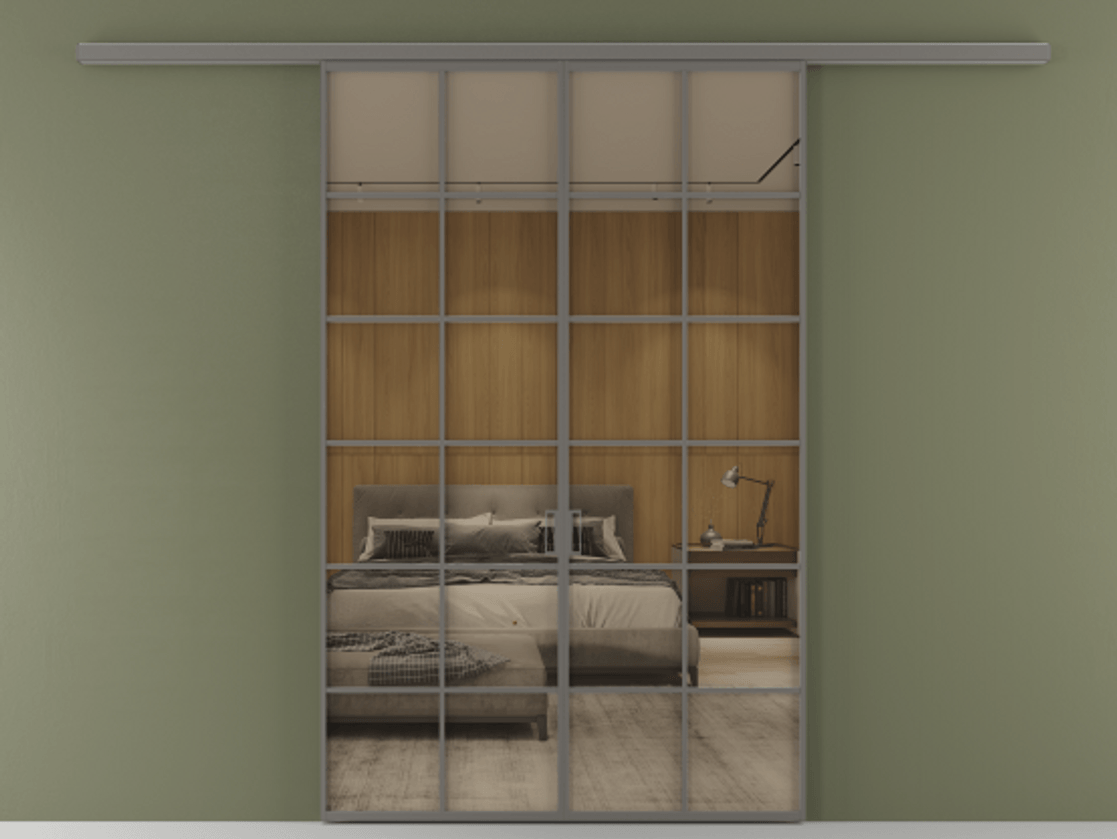 Перегородка Формато вдоль стены 2 створки АЛПР 040.05 Алюминий классический серый Рефлективное бронзовое стекло "Стопсол", калёное Цена 264600 ₽ | Volhovec