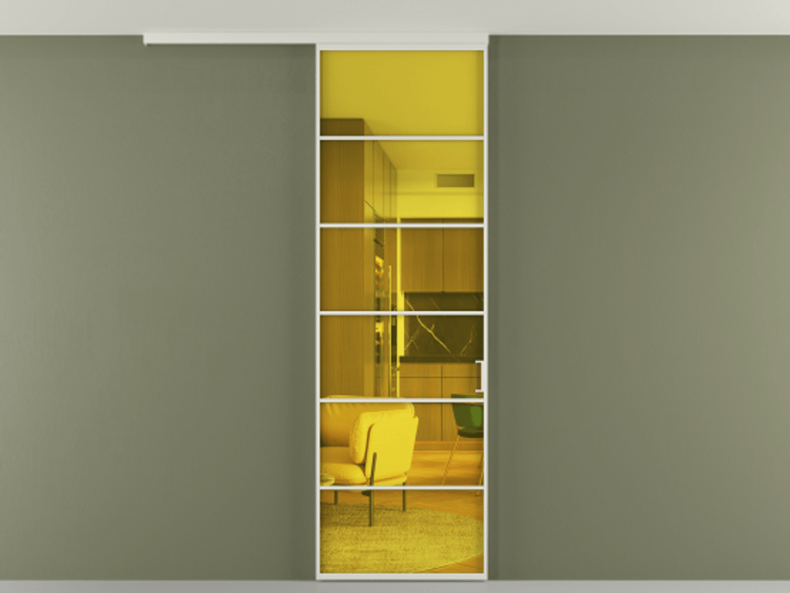 Перегородка Формато вдоль стены на потолок 1 створка АЛПР 040.04 Алюминий Белый Прозрачное жёлтое стекло, триплекс Цена 99293 ₽ | Volhovec