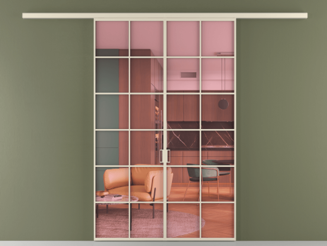 Перегородка Формато вдоль стены 2 створки АЛПР 040.05 Алюминий бежево-серый Прозрачное розовое стекло, триплекс Цена 207150 ₽ | Volhovec