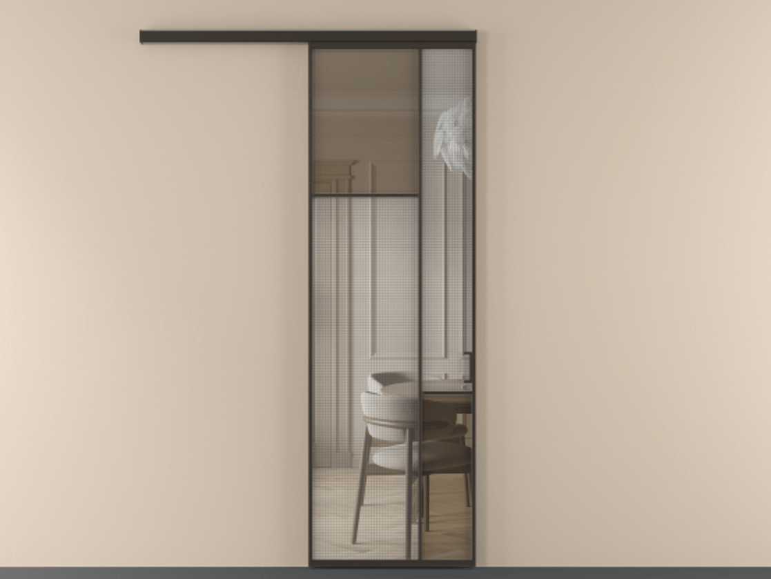 Перегородка Mosaic вдоль стены 1 створка АЛПР 041.10 Алюминий антрацит Декоративное стекло с сеткой "Mesh silver", триплекс, 6 мм + Прозрачное бронзовое стекло, триплекс Цена 143030 ₽ | Volhovec