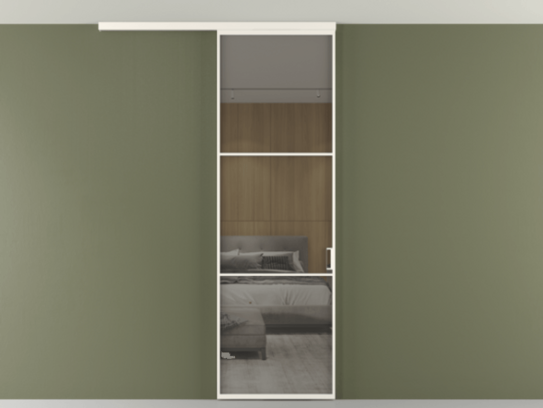 Перегородка Формато вдоль стены на потолок 1 створка АЛПР 040.03 Алюминий пудровый белый Рефлективное серое стекло "Стопсол", калёное Цена 125510 ₽ | Volhovec