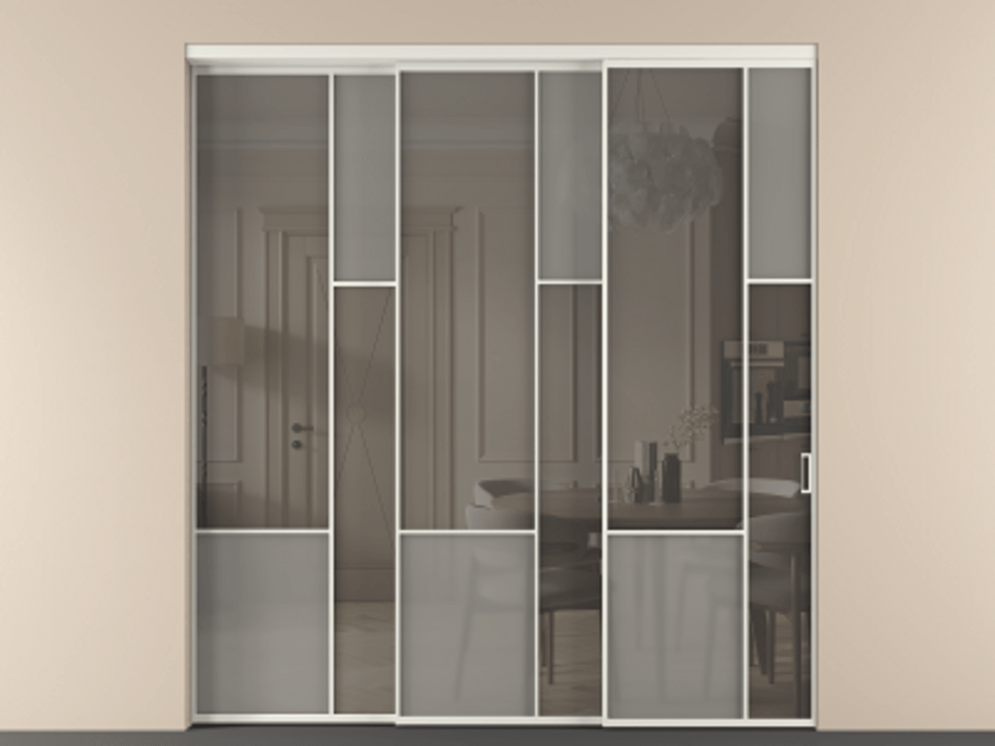 Перегородка Mosaic внутри проёма 3 створки с синхронным механизмом АЛПР 041.12 Алюминий серый Сатинированное серое стекло, триплекс, 6 мм + Прозрачное серое стекло, триплекс Цена 437390 ₽ | Volhovec