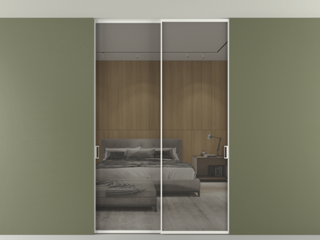 Перегородка Формато внутри проёма скрытое крепление в потолок 2 створки АЛПР 040.01 Алюминий светло-серый Рефлективное серое стекло "Стопсол", калёное Цена 293640 ₽ | Volhovec