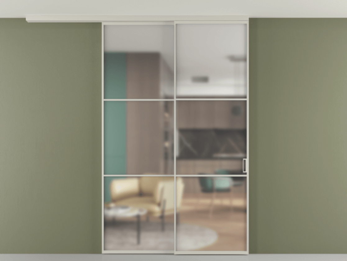 Перегородка Формато вдоль стены на потолок 2 створки с синхронным механизмом АЛПР 040.03 Алюминий тёплый серый Сатинированное стекло "Мателюкс Кристал Вижн", калёное, матовое, каленое 6 мм Цена 327020 ₽ | Volhovec