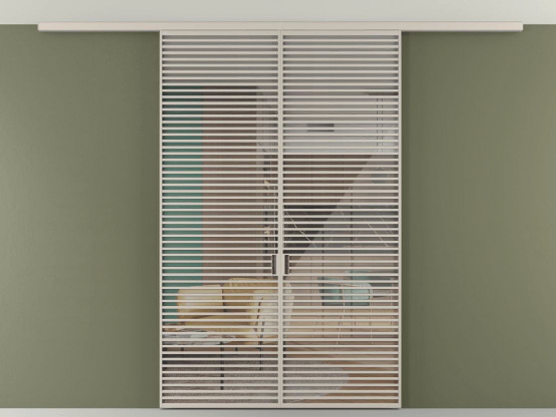 Перегородка Формато вдоль стены на потолок 2 створки АЛПР 040.07 Алюминий светло-бежевый Рефлективное прозрачное стекло "Стопсол", калёное Цена 380156 ₽ | Volhovec