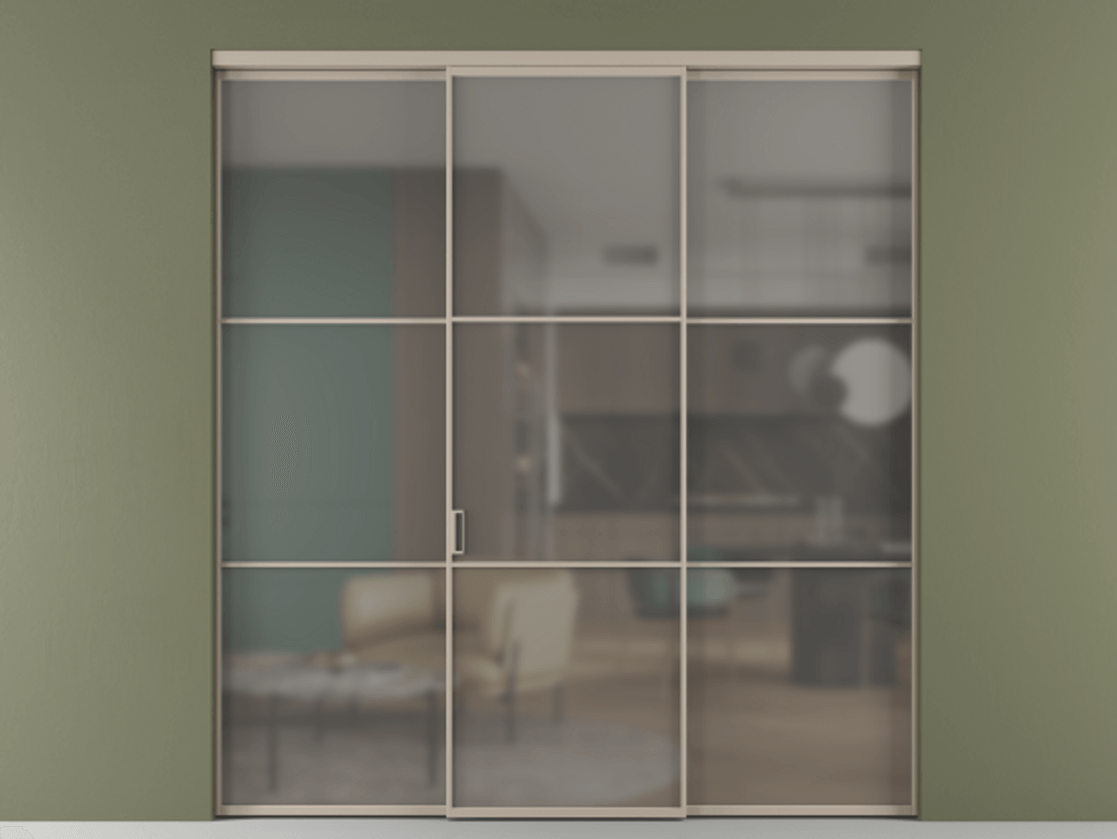 Перегородка Формато внутри проёма 3 створки АЛПР 040.03 Алюминий бисквитный Сатинированное серое стекло, триплекс Цена 237275 ₽ | Volhovec