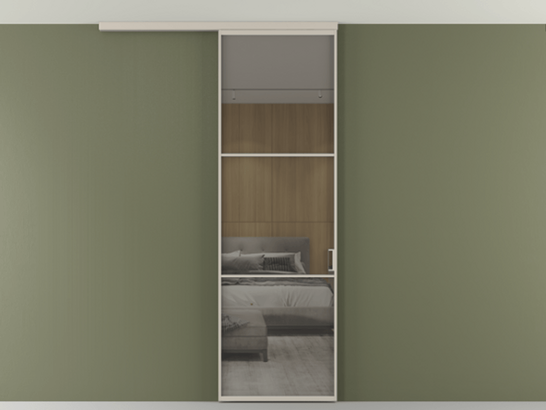 Перегородка Формато вдоль стены на потолок 1 створка АЛПР 040.03 Алюминий светло-бежевый Рефлективное серое стекло "Стопсол", калёное Цена 107388 ₽ | Volhovec