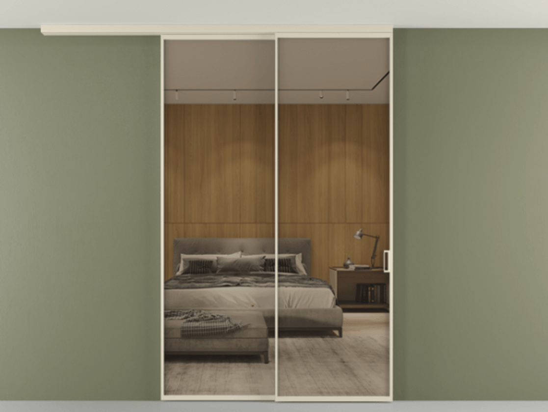 Перегородка Формато вдоль стены на потолок 2 створки с синхронным механизмом АЛПР 040.01 Алюминий бежево-серый Рефлективное бронзовое стекло "Стопсол", калёное Цена 315140 ₽ | Volhovec