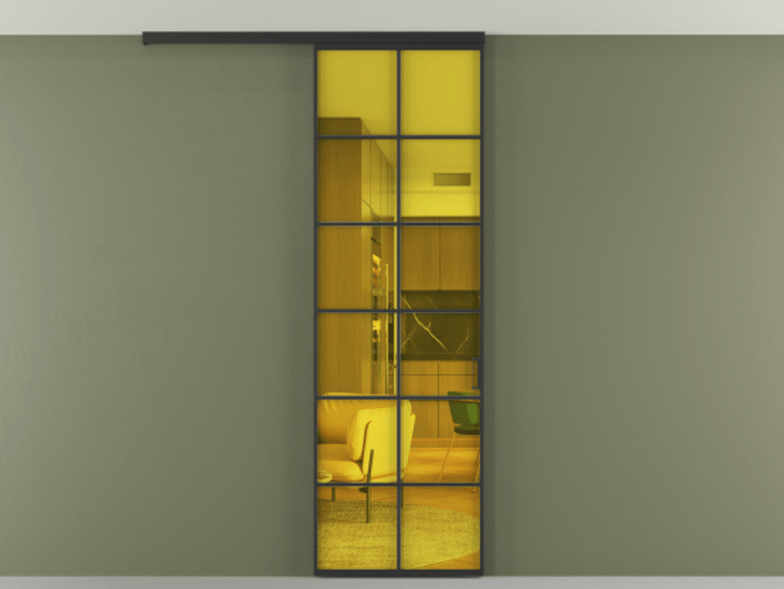 Перегородка Формато вдоль стены на потолок 1 створка АЛПР 040.05 Алюминий Черный Прозрачное жёлтое стекло, триплекс Цена 99293 ₽ | Volhovec