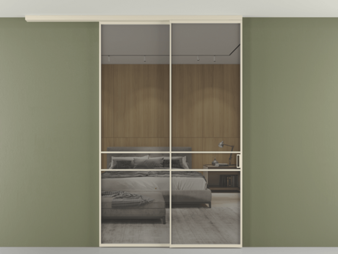 Перегородка Формато вдоль стены на потолок 2 створки с синхронным механизмом АЛПР 040.02 Алюминий бежево-серый Рефлективное серое стекло "Стопсол", калёное Цена 327020 ₽ | Volhovec