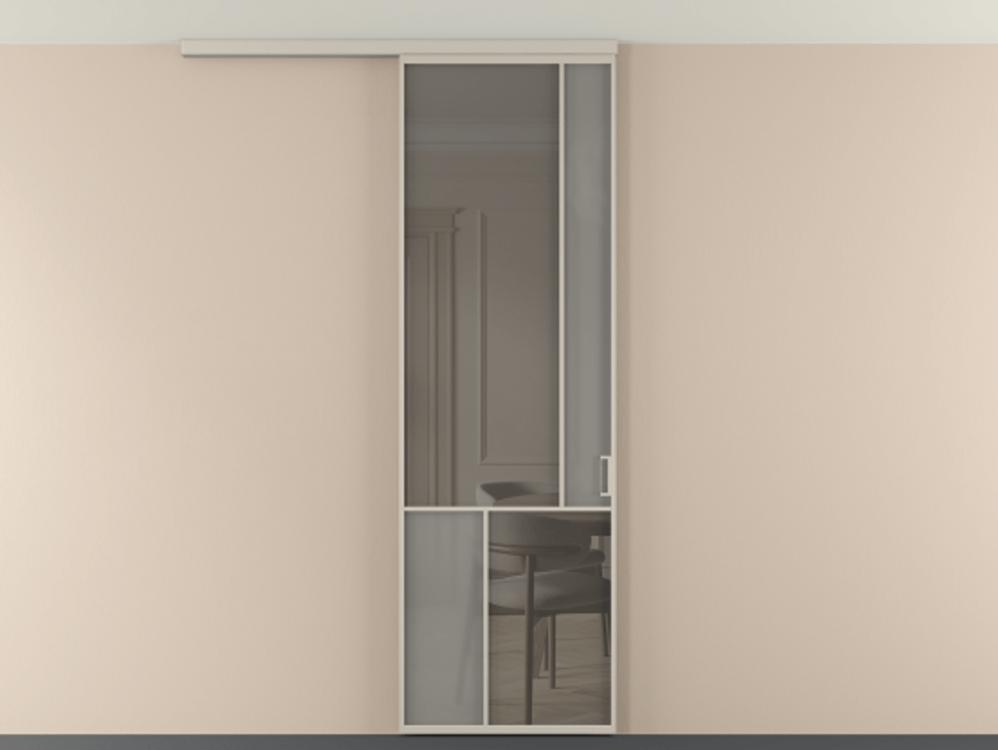 Перегородка Мозаик вдоль стены на потолок 1 створка АЛПР 041.21 Алюминий светло-бежевый Сатинированное серое стекло, триплекс, 6 мм + Прозрачное серое стекло, триплекс Цена 135040 ₽ | Volhovec