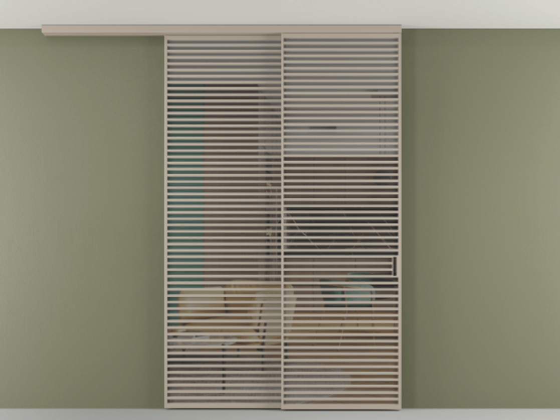 Перегородка Формато вдоль стены на потолок 2 створки с синхронным механизмом АЛПР 040.07 Алюминий бисквитный Прозрачное серое стекло, триплекс Цена 450456 ₽ | Volhovec