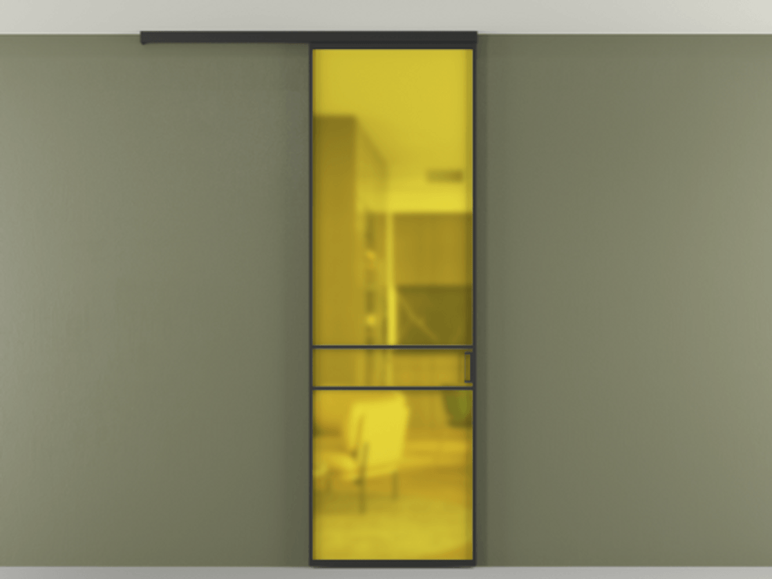 Перегородка Formato вдоль стены на потолок 1 створка АЛПР 040.02 Алюминий Черный Сатинированное жёлтое стекло, триплекс Цена 97120 ₽ | Volhovec