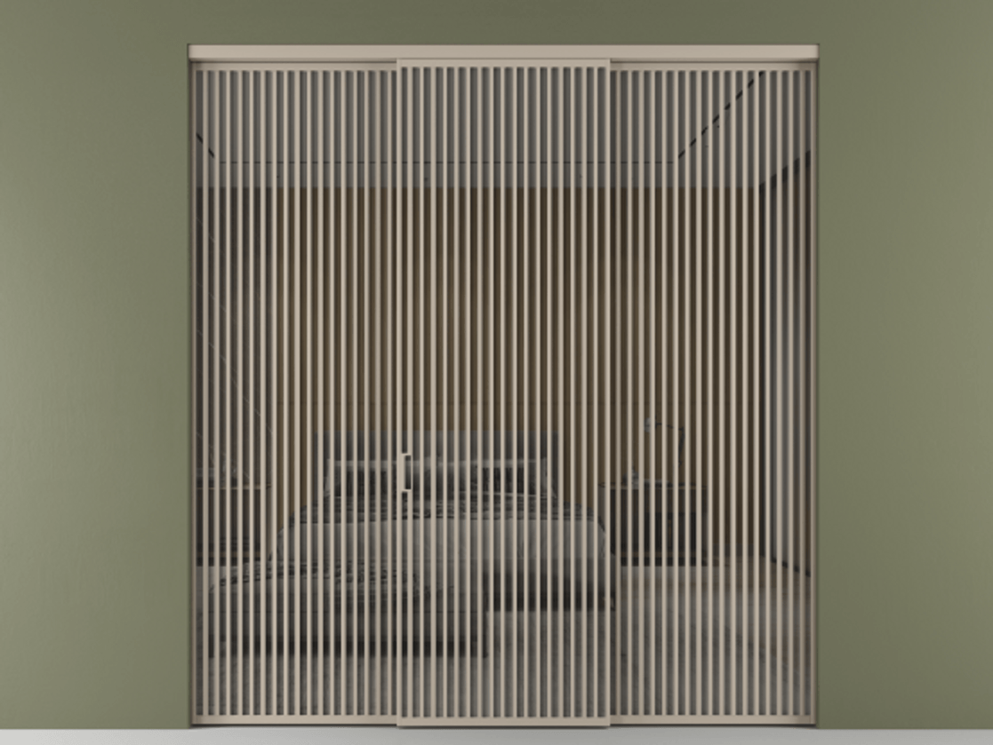 Перегородка Формато внутри проёма 3 створки АЛПР 040.06 Алюминий бисквитный Рефлективное серое стекло "Стопсол", калёное Цена 611600 ₽ | Volhovec