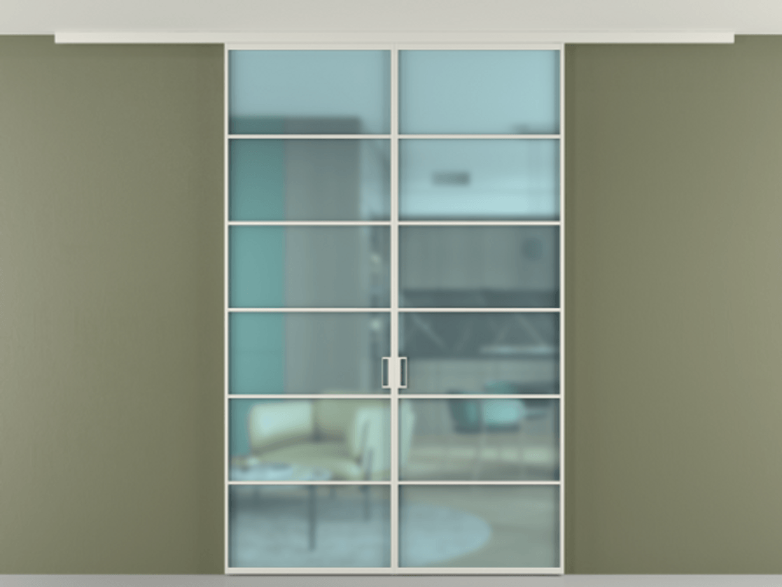 Перегородка Формато вдоль стены на потолок 2 створки АЛПР 040.04 Алюминий Белый Сатинированное голубое стекло, триплекс Цена 191785 ₽ | Volhovec