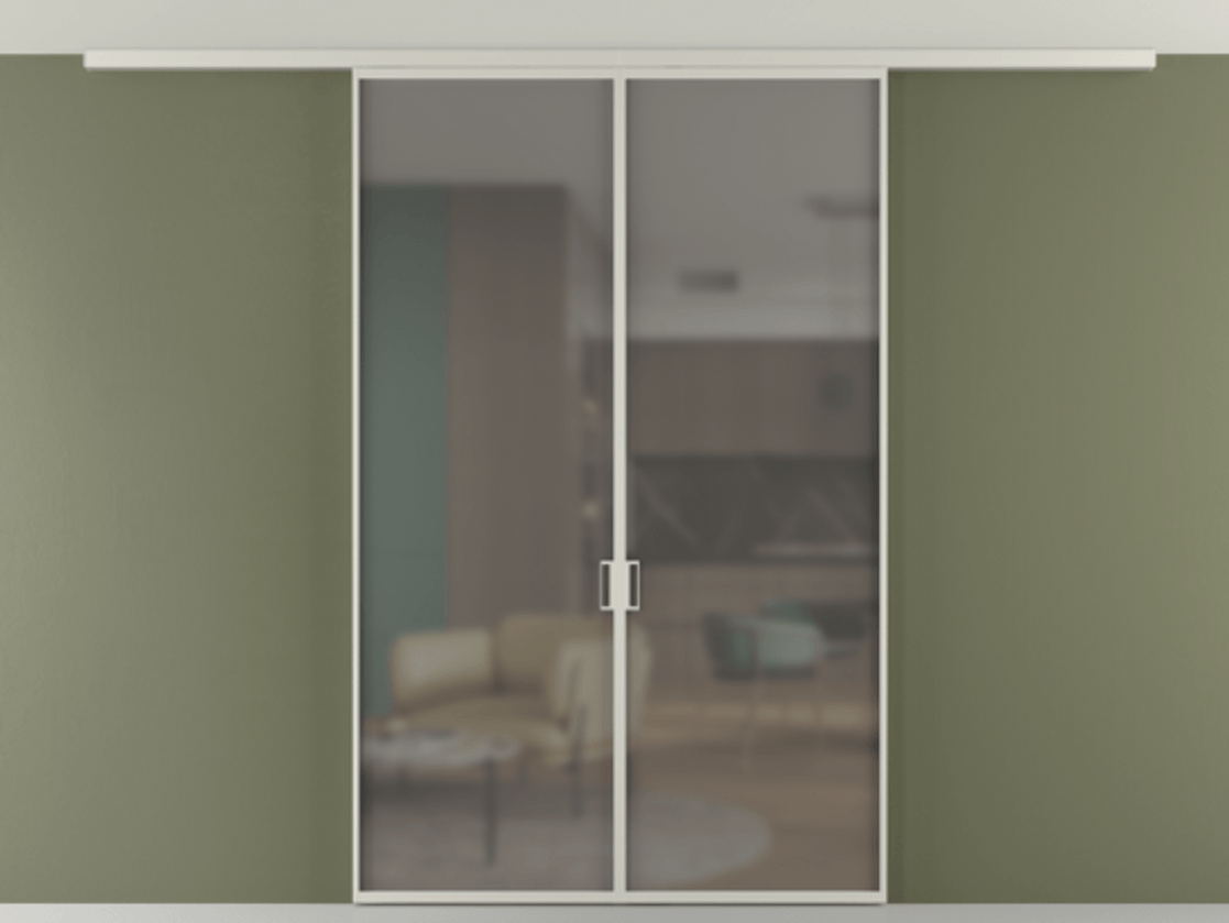 Перегородка Формато вдоль стены на потолок 2 створки АЛПР 040.01 Алюминий тёплый серый Сатинированное серое стекло, триплекс Цена 185372 ₽ | Volhovec