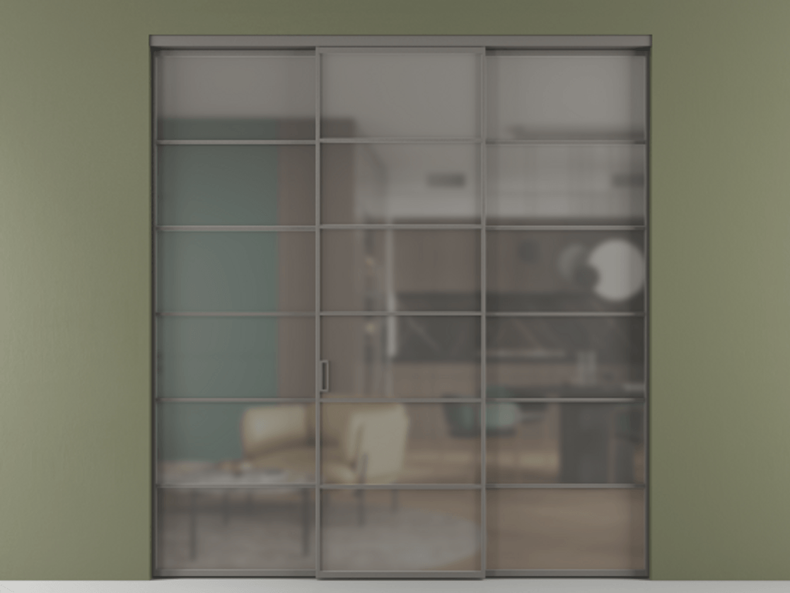 Перегородка Formato внутри проёма 3 створки АЛПР 040.04 Алюминий классический серый Сатинированное серое стекло, триплекс Цена 254825 ₽ | Volhovec