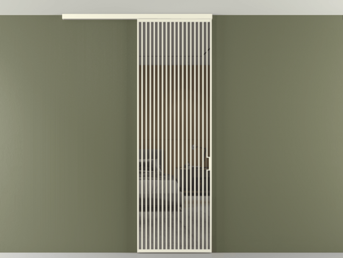 Перегородка Формато вдоль стены на потолок 1 створка АЛПР 040.06 Алюминий молочно-белый Рефлективное серое стекло "Стопсол", калёное Цена 193628 ₽ | Volhovec