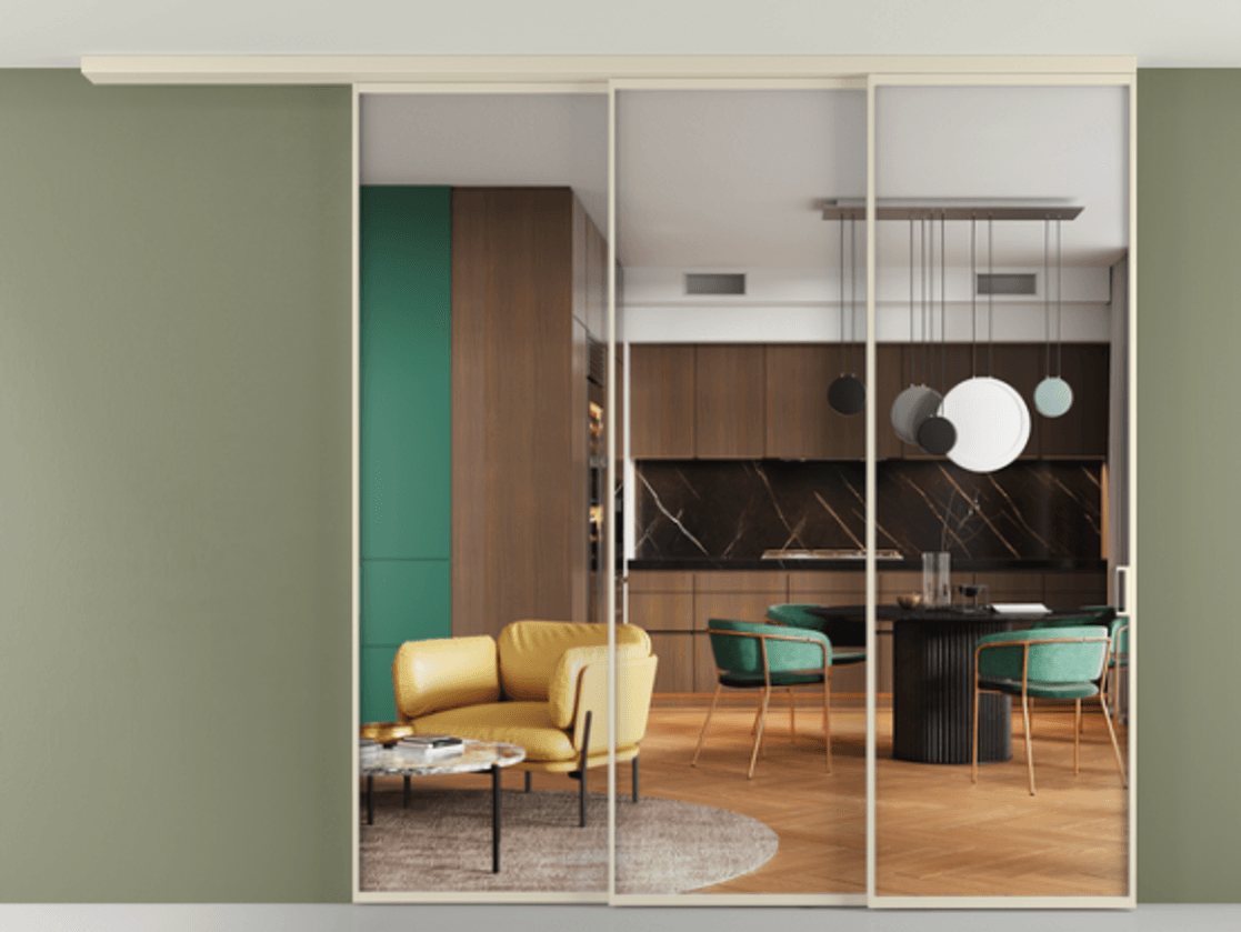 Перегородка Формато вдоль стены на потолок 3 створки с синхронным механизмом АЛПР 040.01 Алюминий бежево-серый Прозрачное стекло "Кристал Вижн", калёное Цена 401308 ₽ | Volhovec