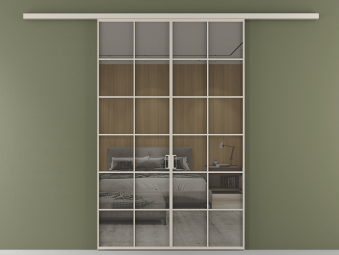 Перегородка Формато вдоль стены 2 створки АЛПР 040.05 Алюминий светло-бежевый Рефлективное серое стекло "Стопсол", калёное Цена 264600 ₽ | Volhovec