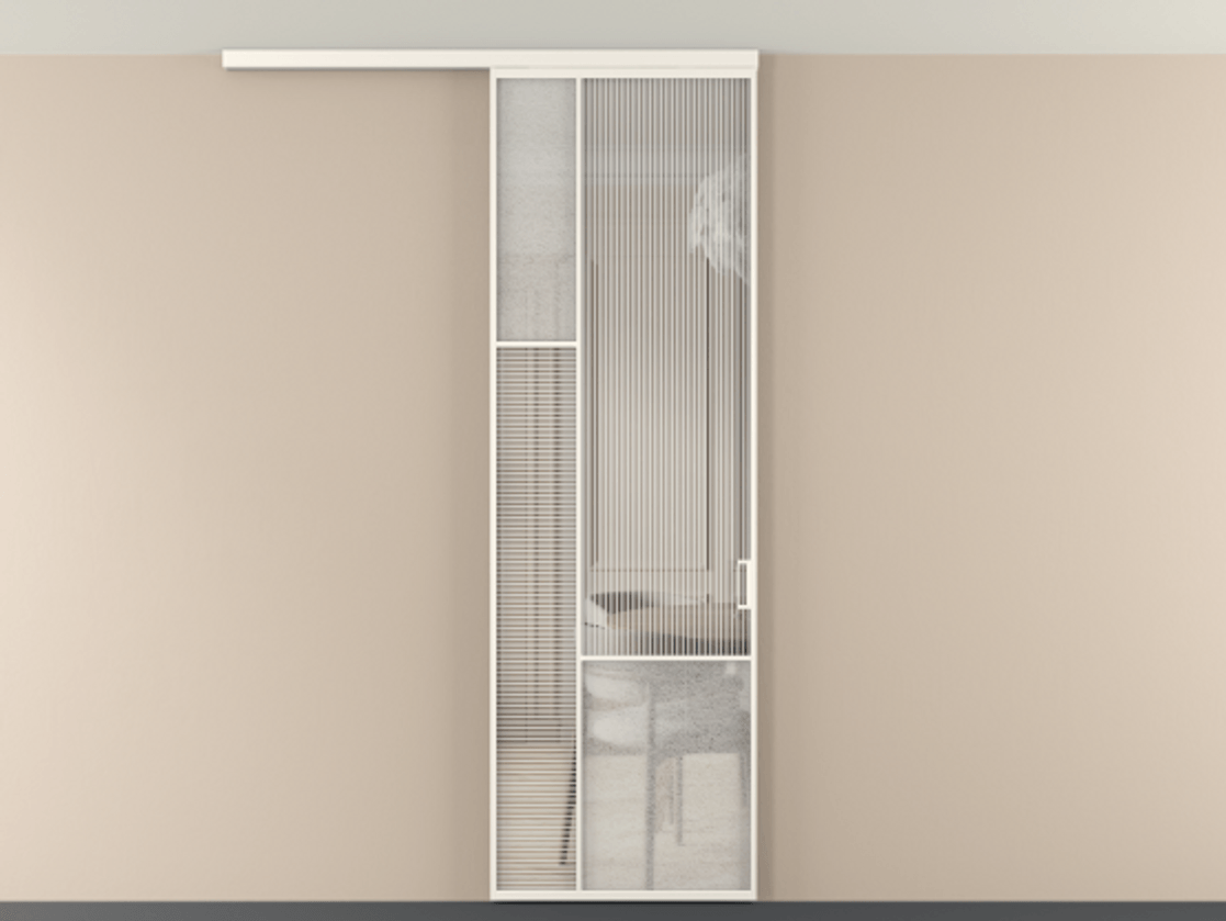 Перегородка Мозаик вдоль стены на потолок 1 створка АЛПР 041.13 Алюминий пудровый белый Рифлёное стекло "Дюна", триплекс, 6 мм + Фактурное стекло "Лёд", триплекс Цена 143040 ₽ | Volhovec