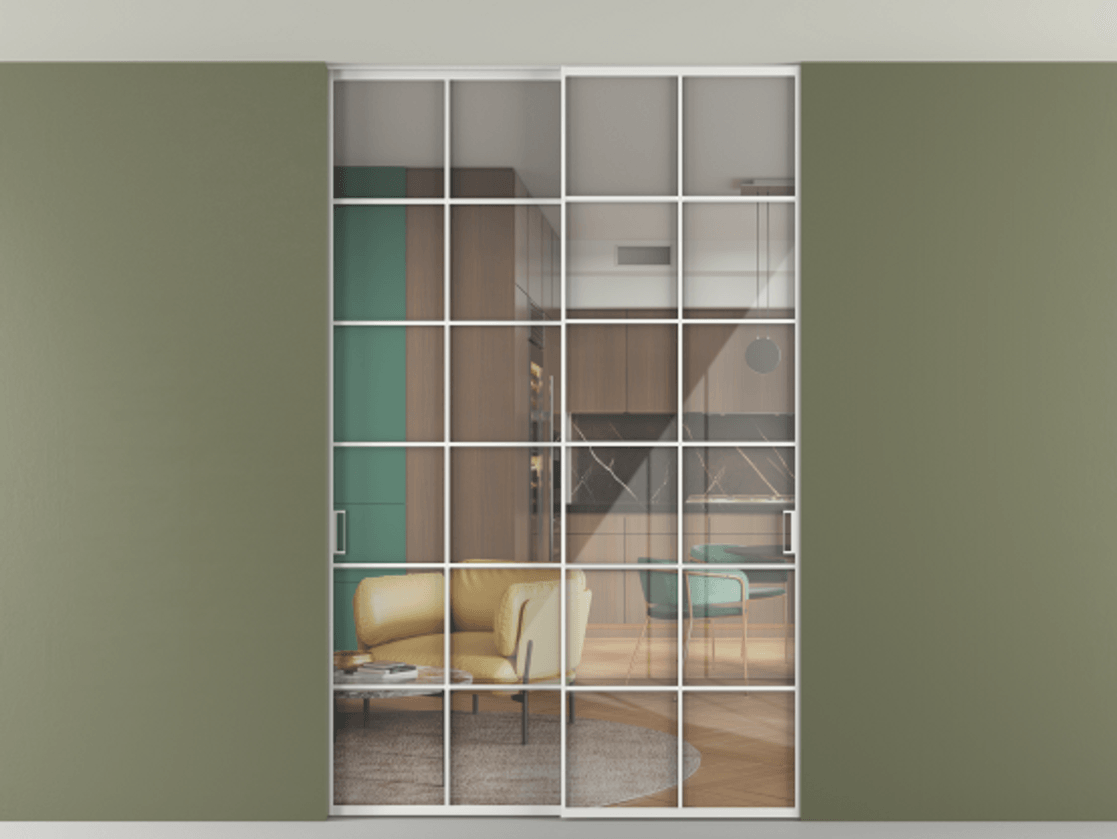 Перегородка Formato внутри проёма скрытое крепление в потолок 2 створки АЛПР 040.05 Алюминий белоснежный Рефлективное прозрачное стекло "Stopsol", калёное Цена 322680 ₽ | Volhovec