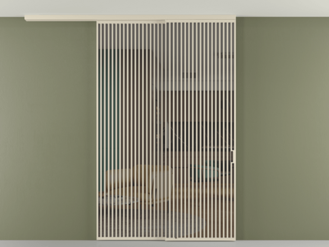 Перегородка Формато вдоль стены на потолок 2 створки с синхронным механизмом АЛПР 040.06 Алюминий бежево-серый Прозрачное серое стекло, триплекс Цена 526620 ₽ | Volhovec