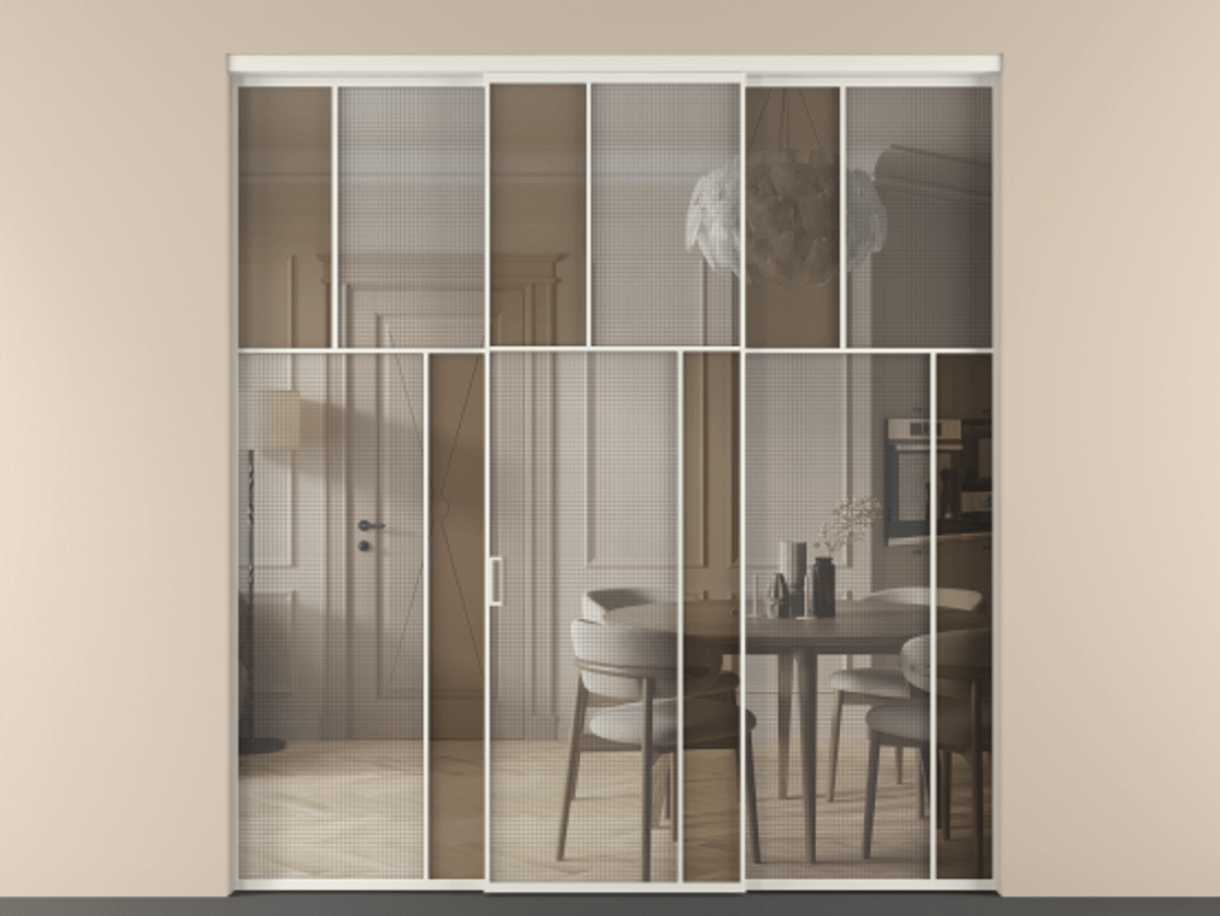 Перегородка Mosaic внутри проёма трёхстворчатая АЛПР 041.23 Алюминий Белый Mesh silver + Бронза прозрачное триплекс Цена 326440 ₽ | Volhovec