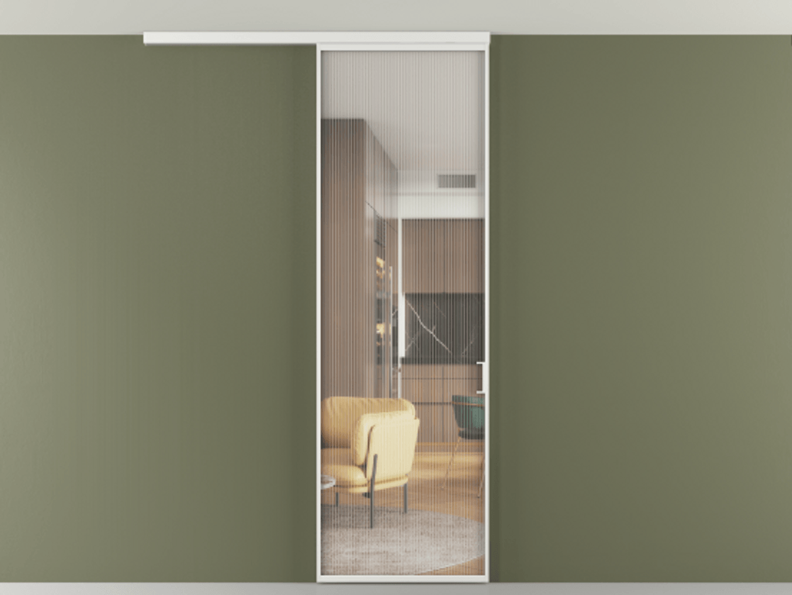 Перегородка Формато вдоль стены на потолок 1 створка АЛПР 040.01 Алюминий белоснежный Рифлёное стекло "Мору", триплекс Цена 98403 ₽ | Volhovec