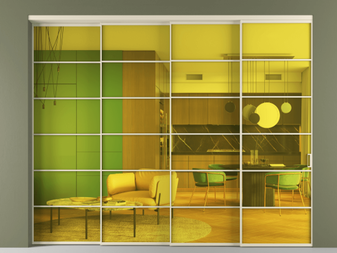 Межкомнатная дверь New Перегородка Formato внутри проёма телескопик синхро 3 АЛПР 040.04 Алюминий бежево-серый Прозрачное жёлтое стекло, триплекс Цена 488680  | Volhovec