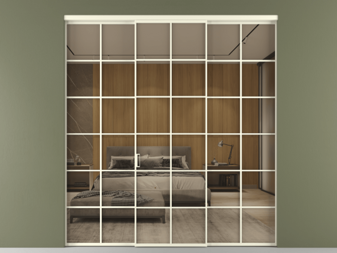 Перегородка Формато внутри проёма 3 створки АЛПР 040.05 Алюминий молочно-белый Рефлективное бронзовое стекло "Стопсол", калёное Цена 341000 ₽ | Volhovec