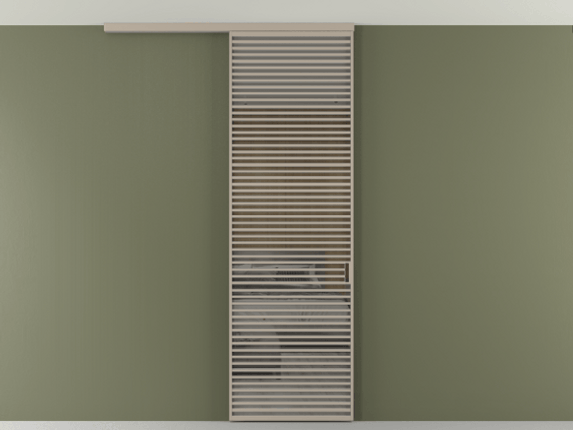 Перегородка Формато вдоль стены на потолок 1 створка АЛПР 040.07 Алюминий бисквитный Рефлективное серое стекло "Стопсол", калёное Цена 193628 ₽ | Volhovec