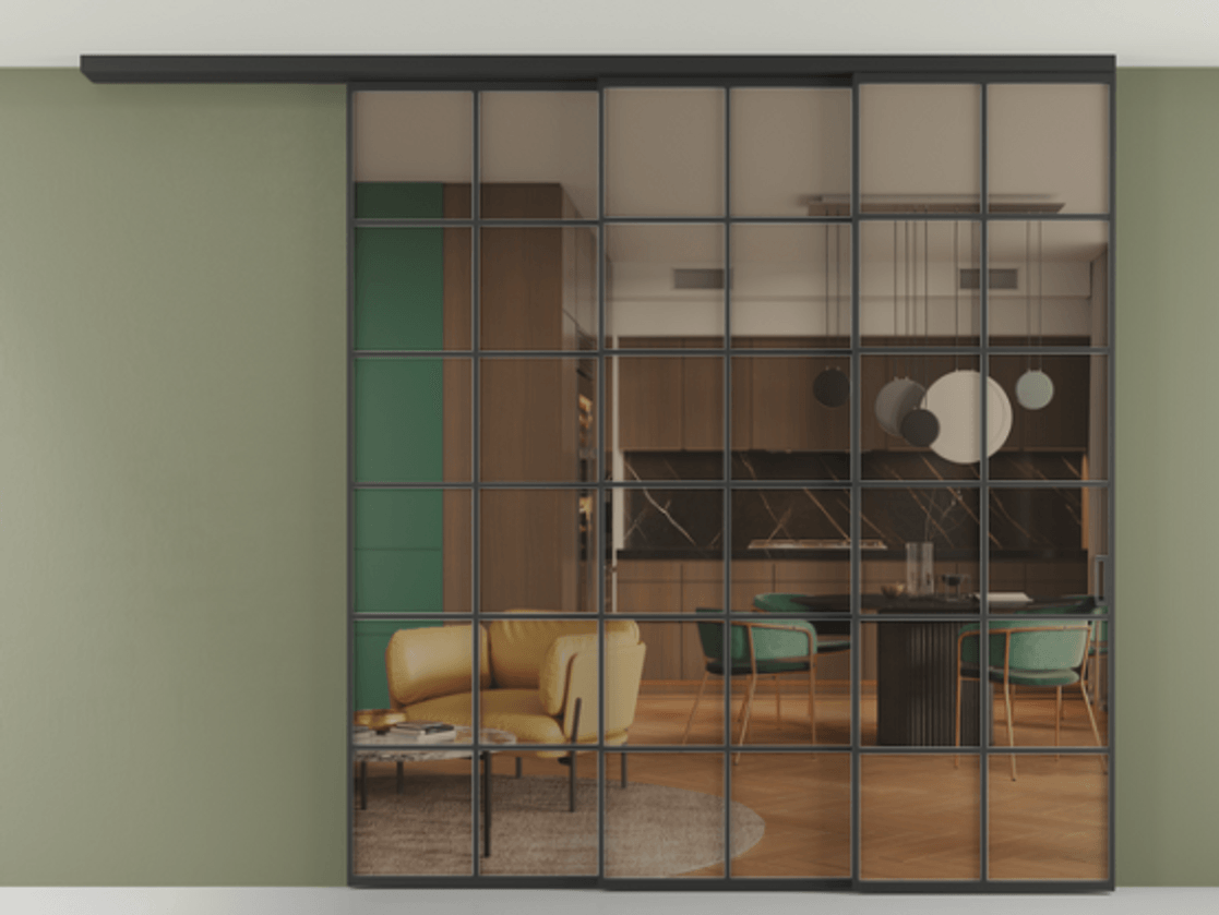 Перегородка Формато вдоль стены на потолок 3 створки с синхронным механизмом АЛПР 040.05 Алюминий Черный Прозрачное бронзовое стекло, триплекс Цена 383878 ₽ | Volhovec