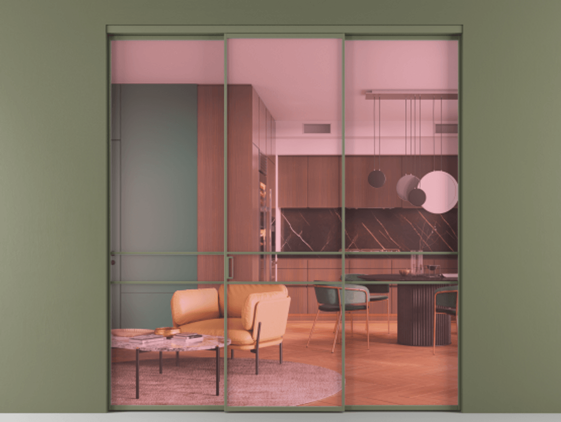 Перегородка Formato внутри проёма 3 створки АЛПР 040.02 Алюминий оливковый тёмный Прозрачное розовое стекло, триплекс Цена 237275 ₽ | Volhovec