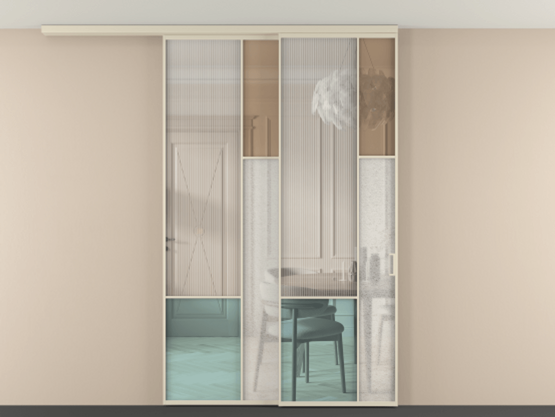 Перегородка Mosaic вдоль стены на потолок телескопик синхро 2 АЛПР 041.12 Алюминий бежево-серый Комбинация стекол Группы 1 и Группы 3 Цена 326420 ₽ | Volhovec