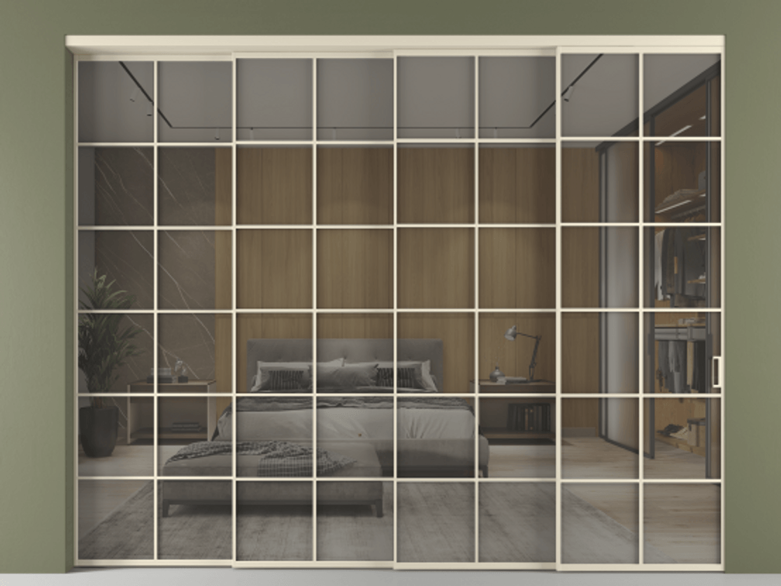 Перегородка Формато внутри проёма 4 створки с синхронным механизмом АЛПР 040.05 Алюминий бежево-серый Рефлективное серое стекло "Стопсол", калёное Цена 514280 ₽ | Volhovec