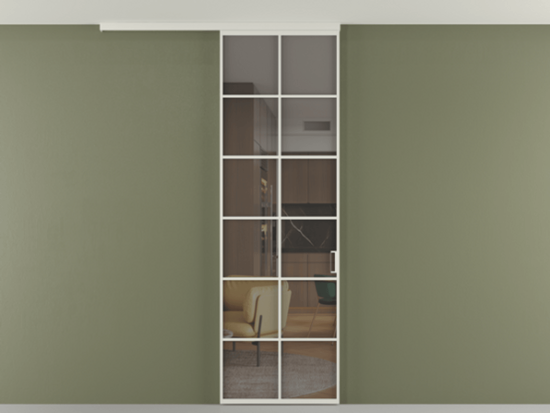 Перегородка Формато вдоль стены на потолок 1 створка АЛПР 040.05 Алюминий Белый Прозрачное серое стекло, триплекс Цена 99293 ₽ | Volhovec