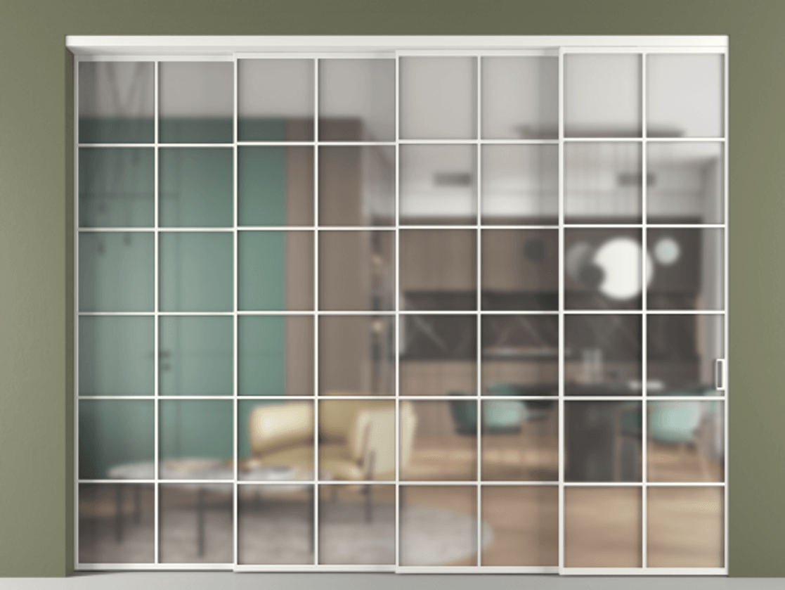 Перегородка Формато внутри проёма 4 створки с синхронным механизмом АЛПР 040.05 Алюминий светло-серый Сатинированное стекло "Мателюкс Кристал Вижн", калёное, матовое, каленое 6 мм Цена 514280 ₽ | Volhovec