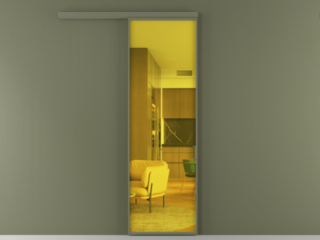 Перегородка Formato вдоль стены 1 створка АЛПР 040.01 Алюминий оливковый тёмный Прозрачное жёлтое стекло, триплекс Цена 101760 ₽  | Volhovec