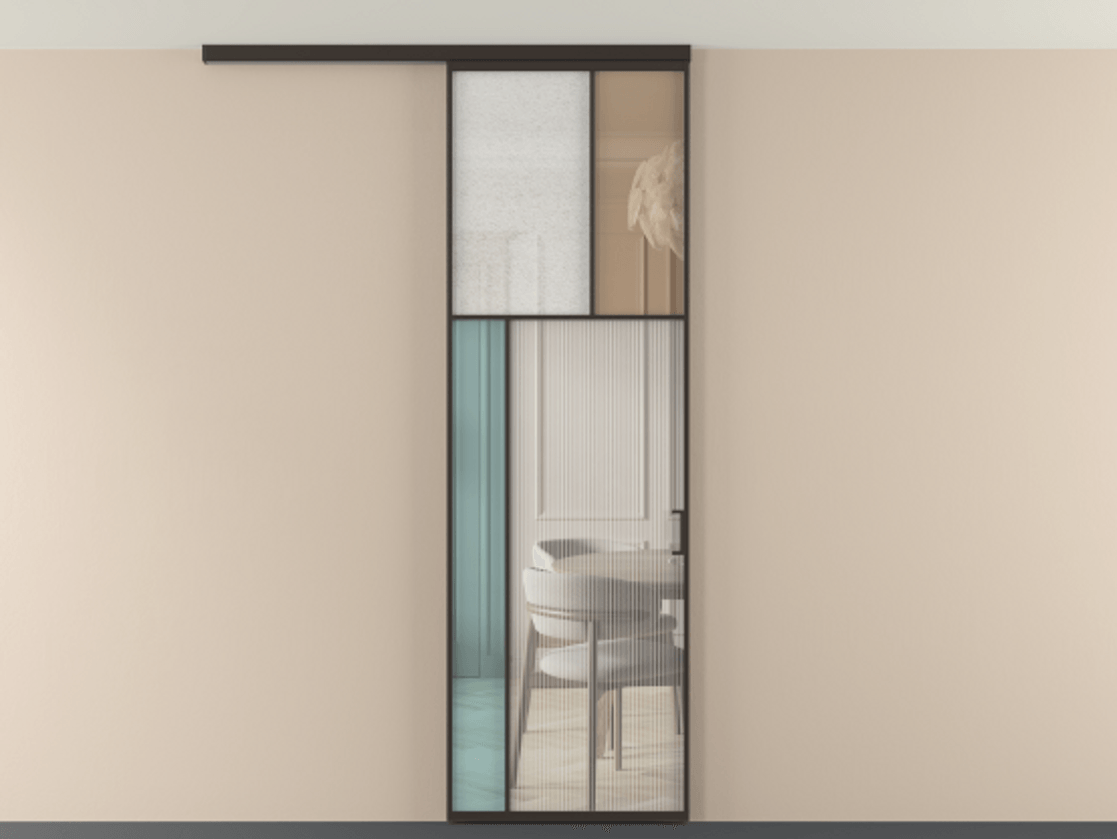 Перегородка Мозаик вдоль стены на потолок 1 створка АЛПР 041.22 Алюминий антрацит Комбинация стекол Группы 1 и Группы 3 Цена 141040 ₽ | Volhovec